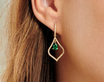 Unique Emerald 14K Rose Diamond Dangle Rhombus Earrings, Stone Earrings, Earrings for the Bride, Impressive Bridal Earrings