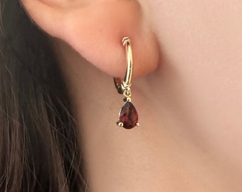 Elegant 14 Yellow Gold Hoop Earrings with Dangle Red Garnet Stone,  Red Gemstone Earrings, Earrings for Her, Gold Birthday Gift