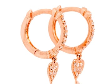 Valentinstag Geschenk für Ihre Liebste - 14K Rose Gold Baumeln Creolen, Liebe Ohrringe, Herz Ohrringe, Huggies Ohrringe,