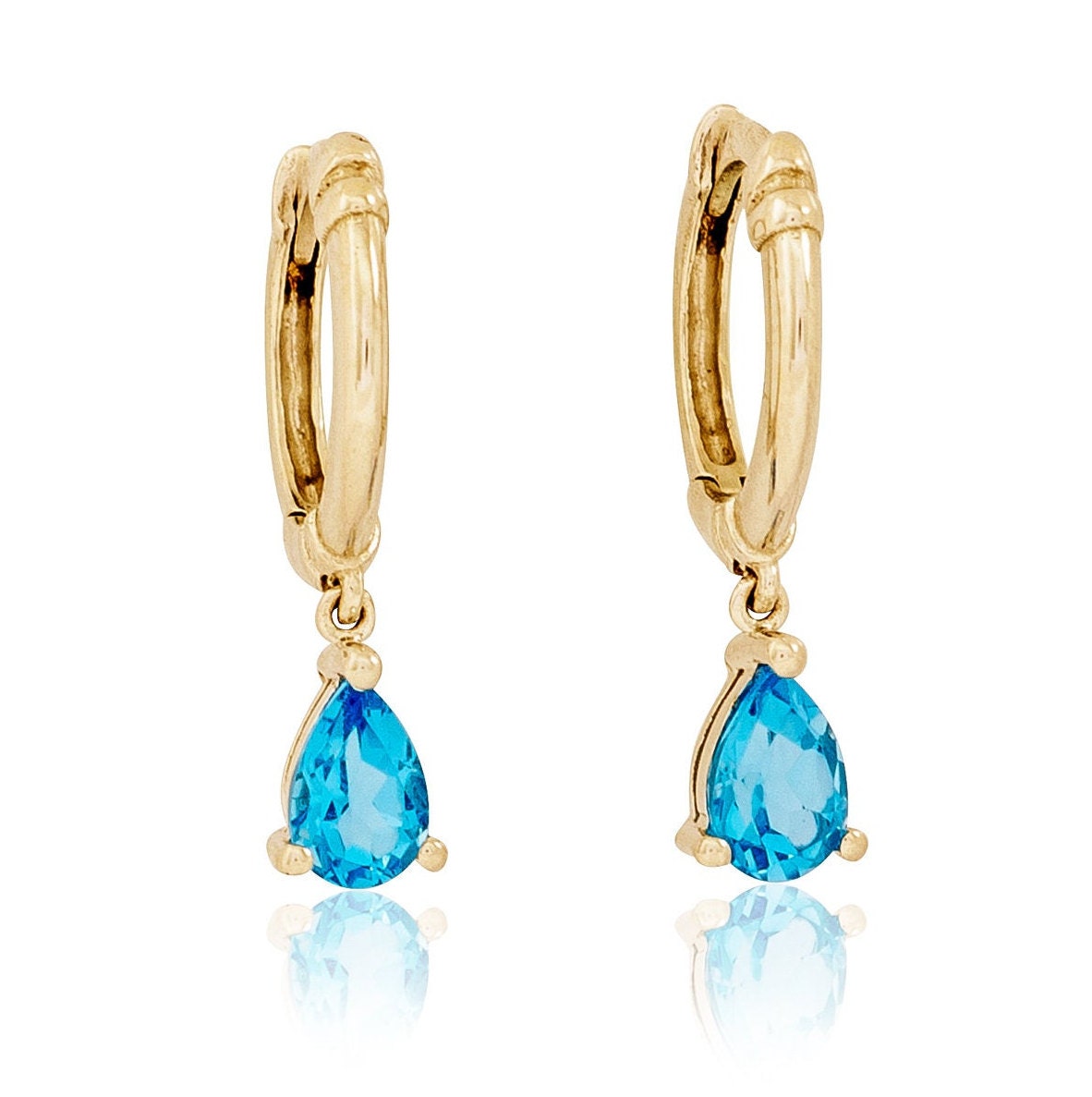 14K Gold and Blue Topaz Hoop Earrings, Stone Earring Charms, Hoop Earring Charm, Delicate Earrings for a Girl
