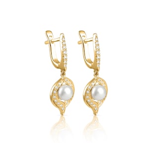 14K Yellow Gold Diamond Dangle Pearl Hoop Teardrop Earrings, Unique Anniversary Gift