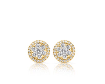 Stud circular de diamantes pavimentados de 0,83 ct, pernos circulares de diamantes circulares de 9 mm de diámetro, pendientes de diamantes VS1 naturales de alta calidad, pendientes de diamantes redondos grandes
