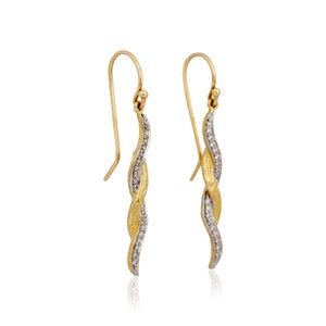 Two-Toned Curled Dangle Earrings, Gold and Diamond Long Drop Earrings, 14K Gifts for Women, Diamond Earring Gift, Special Anniversary Gift