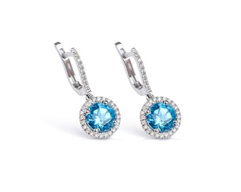 Special Anniversary Gift, Circle Blue Topaz Stone Drop Earrings with Diamonds