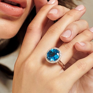 Blue Gemstone Engagement Solid Gold Ring with White Diamond & London Blue Topaz