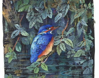 Kingfisher Wildlife Ink Wash and Watercolor Bird Giclée Painting Print