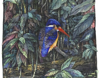 Kingfisher Wildlife Ink Wash e Watercolor Bird Giclée Painting Print