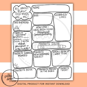 May include: A black and white printable worksheet with fill-in-the-blank sections for personal information, including name, age, hobbies, and favorites. The worksheet includes the text "ALL ABOUT HOW GOD MADE ME...ME!" and "DIGITAL PRODUCT FOR INSTANT DOWNLOAD."