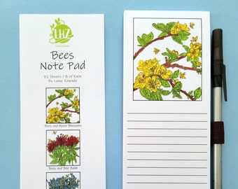 Bees Notepad, Magnetic Refrigerator Notepad, Bees and Flowers Notepad with Pen Holder