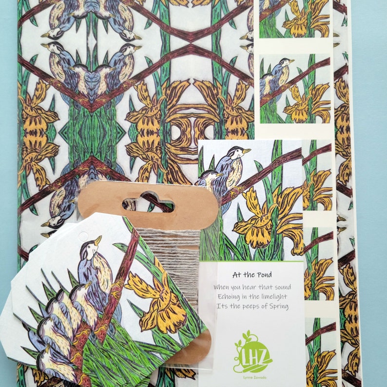 The Birds and Flowers Tissue Paper Kit contains five large sheets of tissue paper as well as  twine, and five matching stickers and gift tags. This design was inspired by a drawing I originally made for one of my coloring books -- an illustration of two nuthatch birds and bog iris. This kit contains all you need to wrap several small and medium sized presents.
