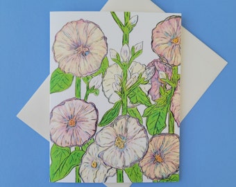 Hollyhock Note Cards, Six Blank Folded Cards with Lined Envelopes, All Occasion, Garden Note Cards