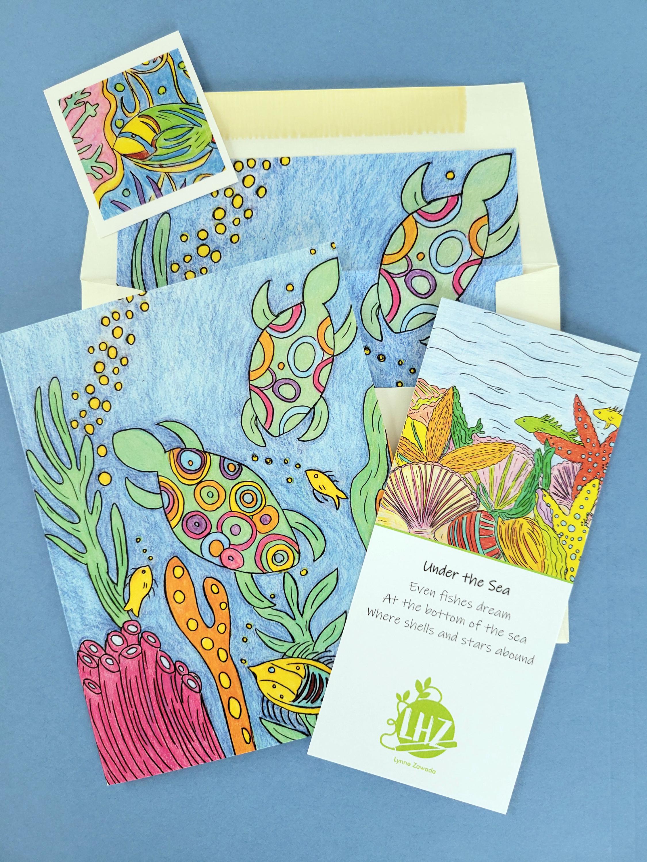 Sea Turtles Card: an Aquatic Note and Greeting Card With Bookmark - Etsy