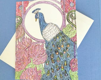 Peacock Note Card: A Blank Fancy Bird Greeting Card and Bookmark