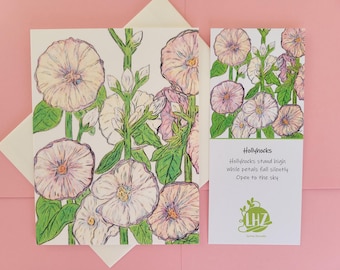Carte de correspondance rose trémière, une carte pliée vierge avec une salutation haïku, une enveloppe en lin avec lignes et un signet, illustré à la main