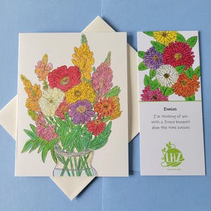 Carte de correspondance Zinnia bouquet, une carte de correspondance pliée avec un signet haïku, toutes les occasions, illustré à la main