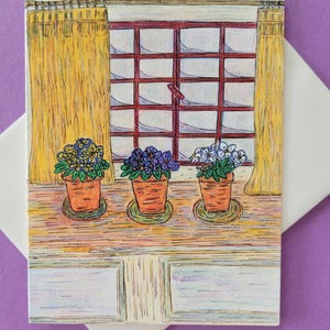 May include: A hand-drawn illustration of a window with yellow curtains and three potted plants. The plants are in terracotta pots and have purple, blue, and white flowers. The window is divided into panes and has a red frame. The background is a light blue color.