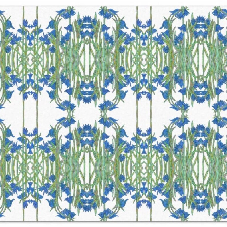 There are five large sheets of my own original bluebells design. It has a seamless pattern of bluebell flowers with green stems and leaves on a white background. The flowers are arranged in a symmetrical pattern, creating a repeating design. The pattern is intricate and detailed, with a variety of shapes and sizes of flowers and leaves. Each sheet measures 19 by 23 inches.