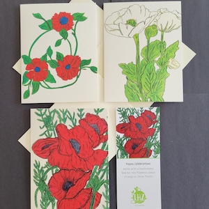 Poppies Collection Note Card Set, Six Floral Blank Folded Cards, All Occasion, Thinking of You Cards, Hand Illustrated