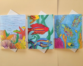 Under Sea Note Cards, Set of Six Blank Note Cards with Lined Linen Envelopes and Haikus