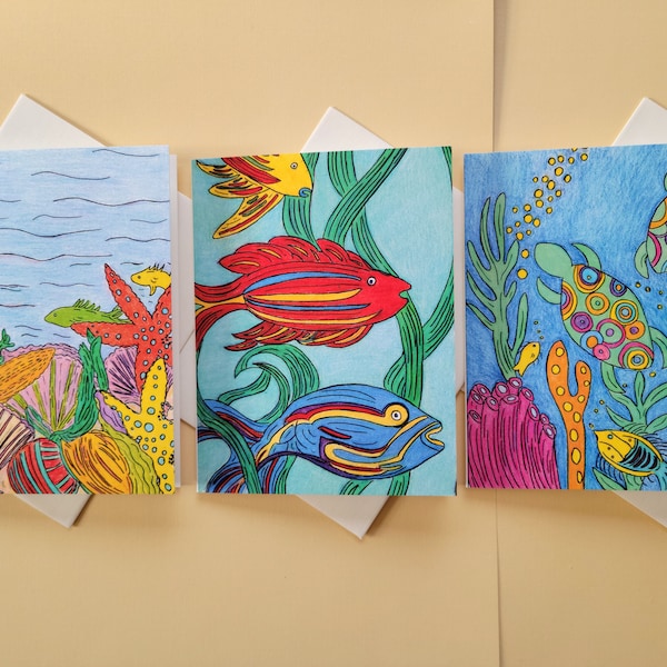 Under Sea Note Cards, Set of Six Blank Note Cards with Lined Linen Envelopes and Haikus