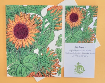 Carte de correspondance tournesol, Carte de correspondance pliée vierge, Toutes occasions, Carte d'été, Illustration à la main