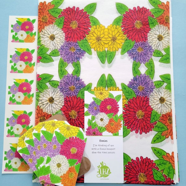 Zinnias Tissue Paper Kit, Floral Tissue Paper, Gift Tags & Stickers