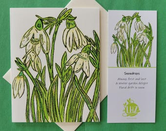 Carte de correspondance Perce-neige, carte vierge pliée avec voeux haïku printanier, enveloppe en lin assortie, printemps et toutes les occasions, illustrée à la main