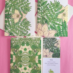 Cartes de correspondance fougères et fleurs sauvages, six cartes pliées vierges avec enveloppes et doublures assorties, toutes les occasions, illustrées à la main