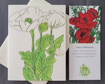 Carte pour lettres coquelicots blancs, carte vierge pliée avec un message d'accueil haïku et un signet, enveloppe en lin doublée, illustré à la main