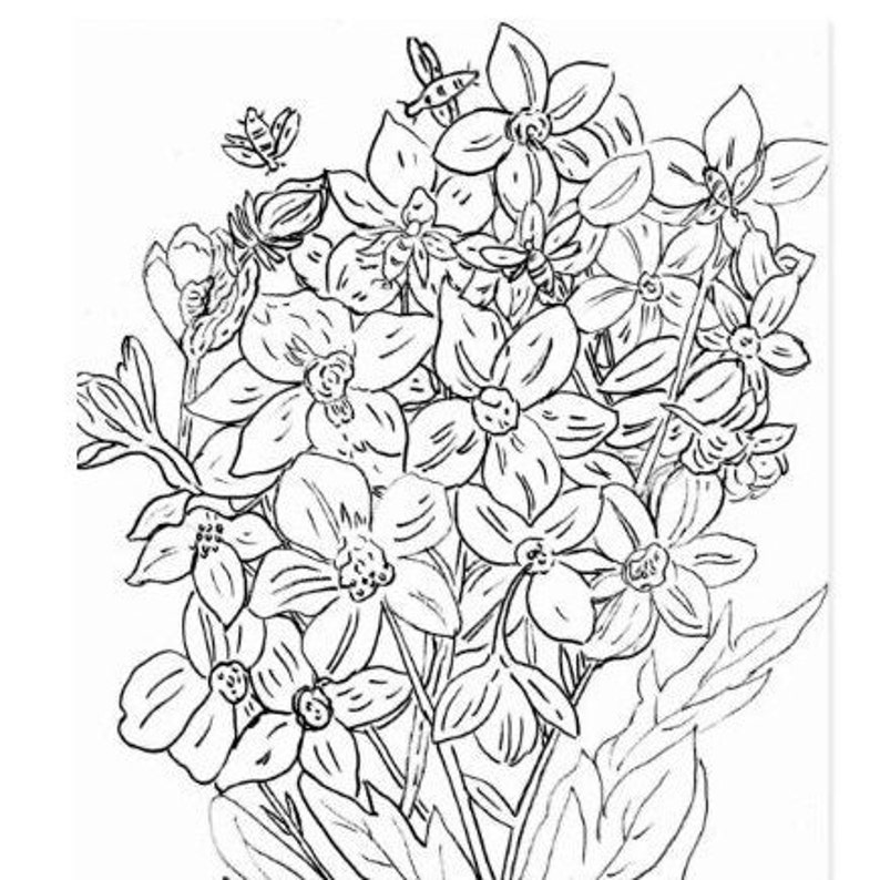 A black and white line drawing of a bouquet of flowers. The flowers are all different shapes and sizes, and they are arranged in a loose, natural way. The flowers are all in bloom, and they have delicate petals. The drawing is done in a realistic style, and it captures the beauty of the flowers.