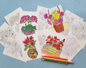 Cartes postales à colorier florales, 8 modèles, cartes postales à colorier et à partager pour les enfants et la famille