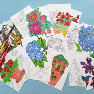 A collection of blank coloring cards featuring various floral and nature-themed illustrations. The cards are arranged in a scattered pattern on a light blue surface. The illustrations include a bird on a branch, a hummingbird, a flower pot with a variety of flowers, and a variety of other flowers and plants. The cards are all white with black outlines and are ready to be colored in.