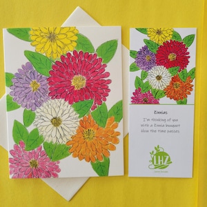 Zinnias Note Card, A Blank Folded Card with a Lined Envelope, Thank You, All Occasion, Hand Illustrated