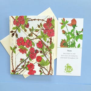 Cartes de correspondance de roses grimpantes, une carte de correspondance pliée avec un signet haïku, toutes les occasions, carte florale, illustrée à la main