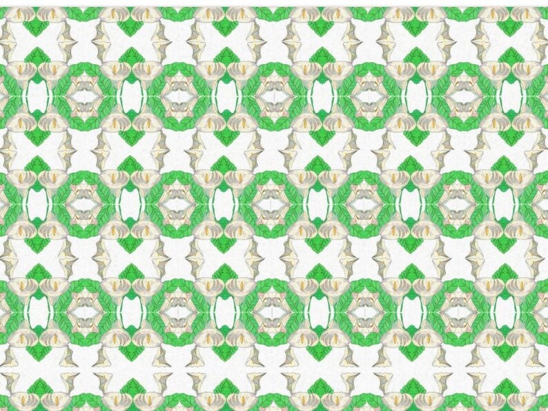 The design of the paper has three white calla lilies arranged in a repeating symmetrical pattern, with the leaves forming a diamond shape around each flower. The tissue is a thicker paper and the kit contains five large sheets, with each sheet measuring 19 by 23 inches.