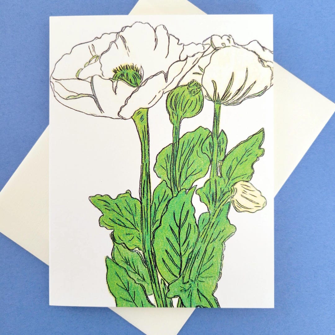 White Poppies Note Card: A Blank Floral Greeting Card With a Bookmark ...