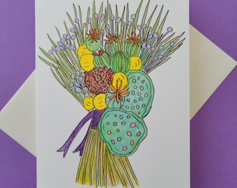 Bouquet of Pods Floral Note and Greeting Card with Bookmark