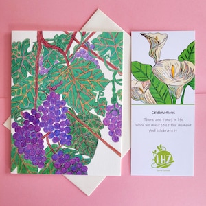 Grapes Note Card, A Folded Note Card and Haiku Bookmark, All Occasion, Hand Illustrated