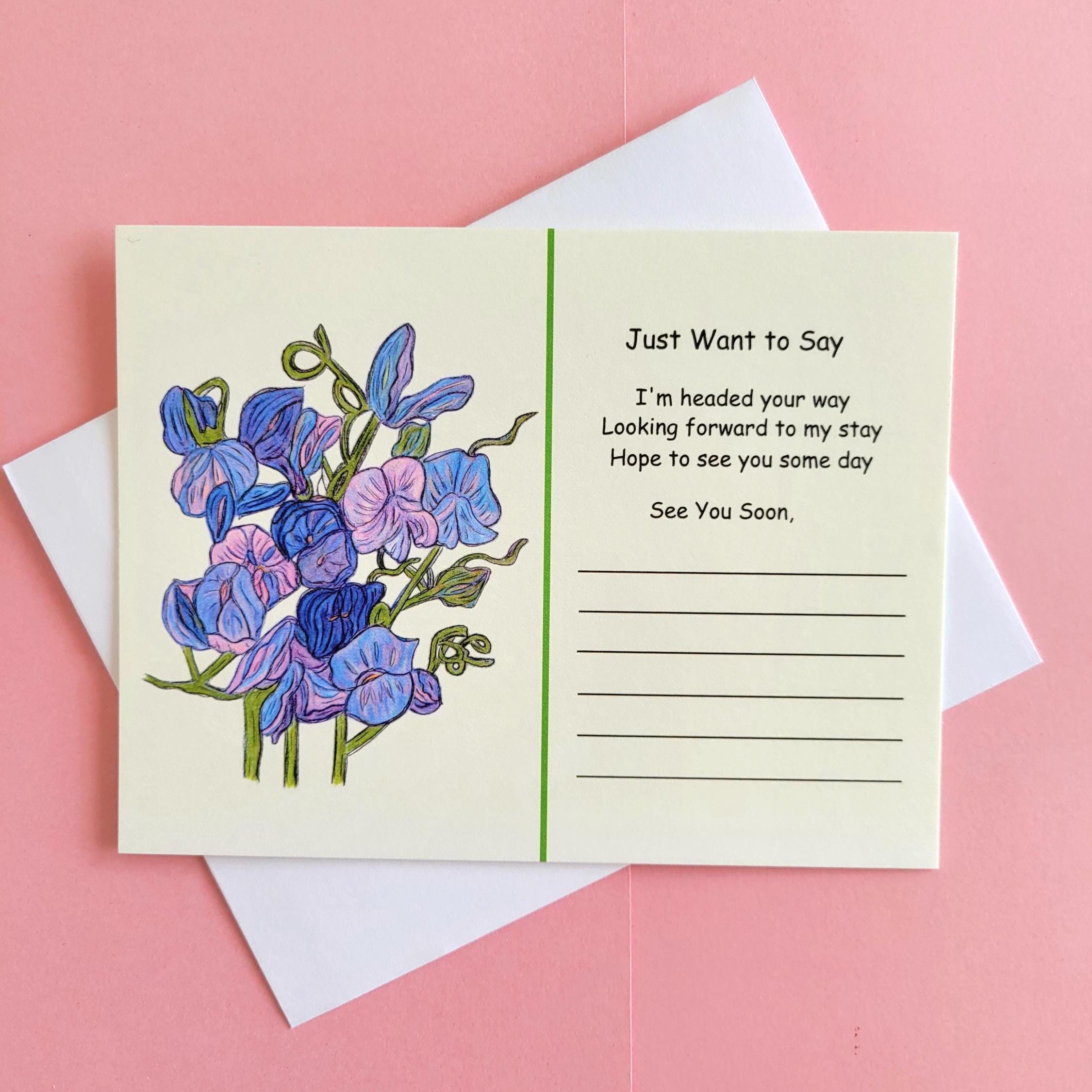 I'm Headed Your Way, A See You Soon Card, Hand Illustrated, Flat Note Card and Lined Envelope