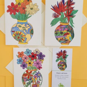 Cartes de correspondance fleurs et vases, six cartes florales pliées vierges, toutes les occasions, jeu de cartes de correspondance gaies, illustrées à la main