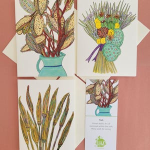 Jeu de cartes de correspondance sur les cosses de graines, 6 cartes de correspondance vierges pliées avec enveloppes en lin doublées, cartes de correspondance hiver et floral, illustrées à la main