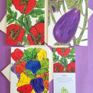 Cartes de correspondance avec des légumes, six cartes de correspondance vierges pliées avec enveloppes lignées, cartes de correspondance végétariennes toutes occasions, illustrées à la main