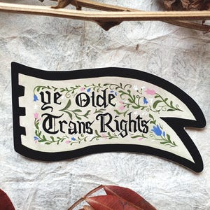 以下が含まれることがあります： 「ye Olde Trans Rights」の文字がヴィンテージフォントで書かれた旗型のステッカー。緑、ピンク、青の花柄のデザインで囲まれています。ステッカーは黒い縁取りとクリーム色の背景です。