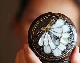 Angelic Butterfly Hand Mirror: Exquisite Mother-of-Pearl, Abalone Inlay - Sophisticated Beauty, Dual-Sided, Compact, Uniquely Handcrafted