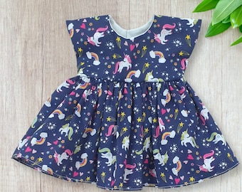 Handmade Navy Unicorn Doll Dress, Fits 18 inch Dolls
