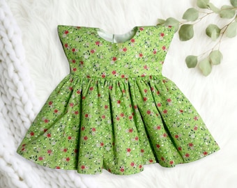 Handmade Green Floral Doll Dress, Fits 18 inch Dolls