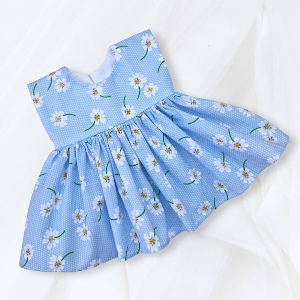 Daisies on blue background fabric dress, fits 18 inch baby dolls, Build a Bear, Reborn babies and many more.
