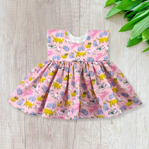 Handmade 18 Inch Doll Dress, Pink Cats and Dogs Print