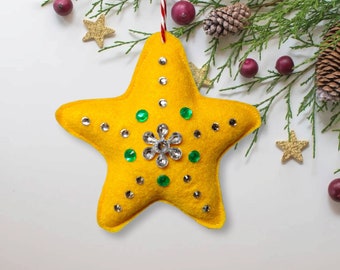 Christmas star, felt ornament, rhinestones, hanging tree decoration