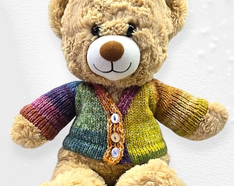 May include: A brown teddy bear wearing a multi-coloured knitted cardigan with a button closure. The cardigan has a green, yellow, and purple colour scheme.